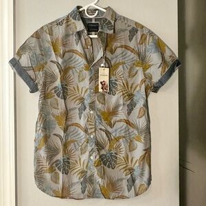 Denim & Flower Leaf Print Casual Shirt - Blue, Gold, Brown
